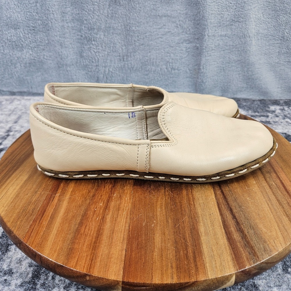Sabah Loafer Womens 38 US 7-7.5 Cream Leather Slip On Shoes Handmade Turkish